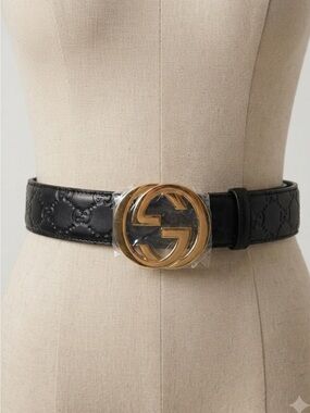 Brand New !!  Black Leather Belt with Gold Double G Buckle